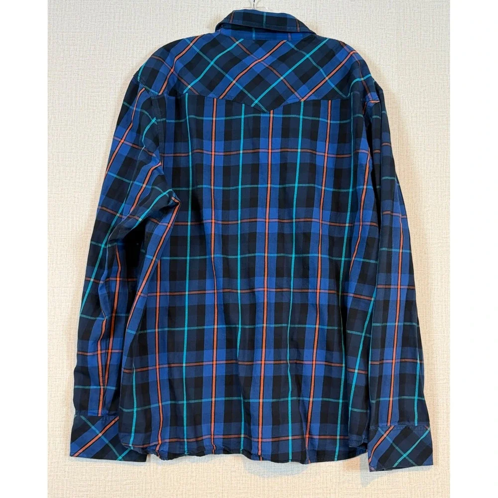 True Religion Mens 3XL Blue Orange Plaid Western Button Down Horseshoe Shirt Y2K
